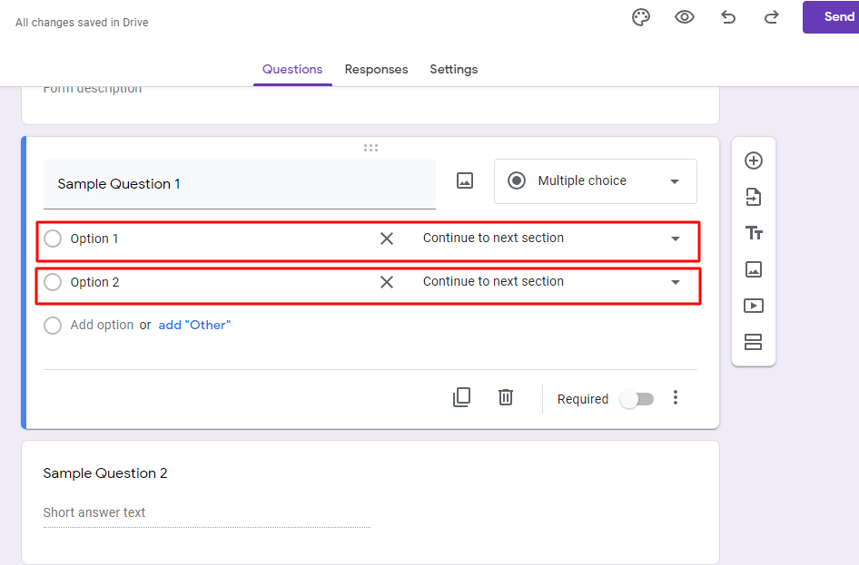 Use logic branching with Google Forms two option instruction