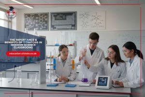Students in a modern school chemistry lab using digital titration equipment to connect theoretical learning with real-world scientific practice.
