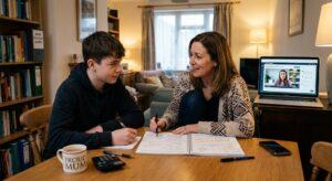 UK-parent-and-teenager-discussing-their-learning-needs-before-choosing-an-online-tutor
