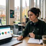 UK university student studying at a desk with a laptop