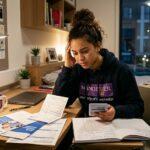 university student sitting at a desk reviewing healthcare expenses,