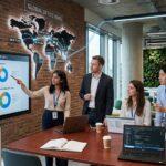 international student working as an intern inside a modern global company office