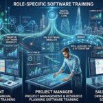 split-concept business image showing different employees using technology for different roles