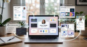 showing-a-personal-digital-portfolio-connected-to-professional-platforms-through-a-laptop